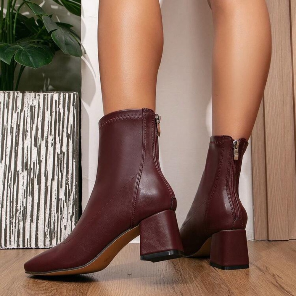 𝗡𝗪𝗢𝗧: Fashion Faux Leather Zipper Ankle Boots Elegant Burgundy Ankle Boots - Picture 3 of 16